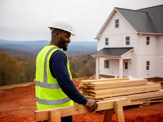 A builder in a hard hat and safety vest on a home construction site.