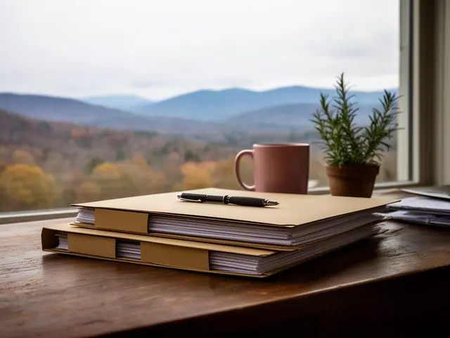 A neat stack of closed manila folders and a pen on a desk by a window.