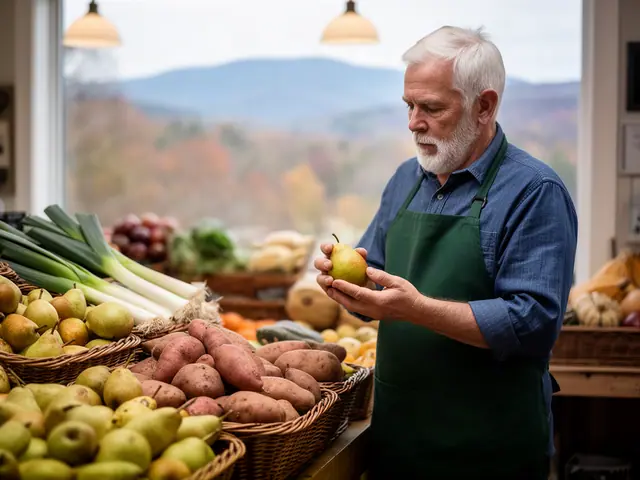 A grocer holding a pear beside woven baskets of pears, sweet potatoes and leeks.