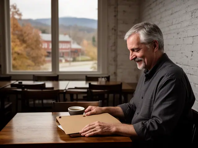 A restaurant owner seated with a folder in an empty dining room before opening.
