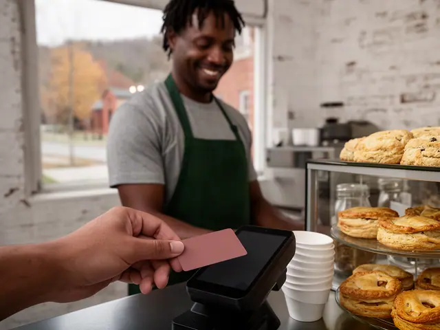 A customer taps a card on a counter terminal at a small coffee and pastry shop.