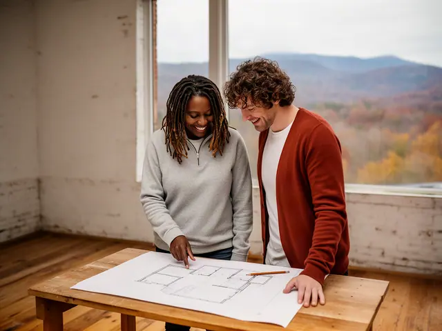 Two business partners looking over a pencil floor sketch in an empty storefront.
