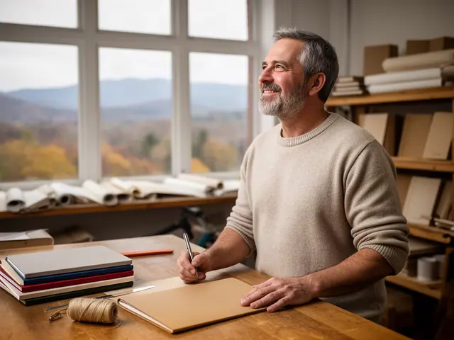 A man with short gray hair at a work table with a closed folder in a small bookbinding studio.